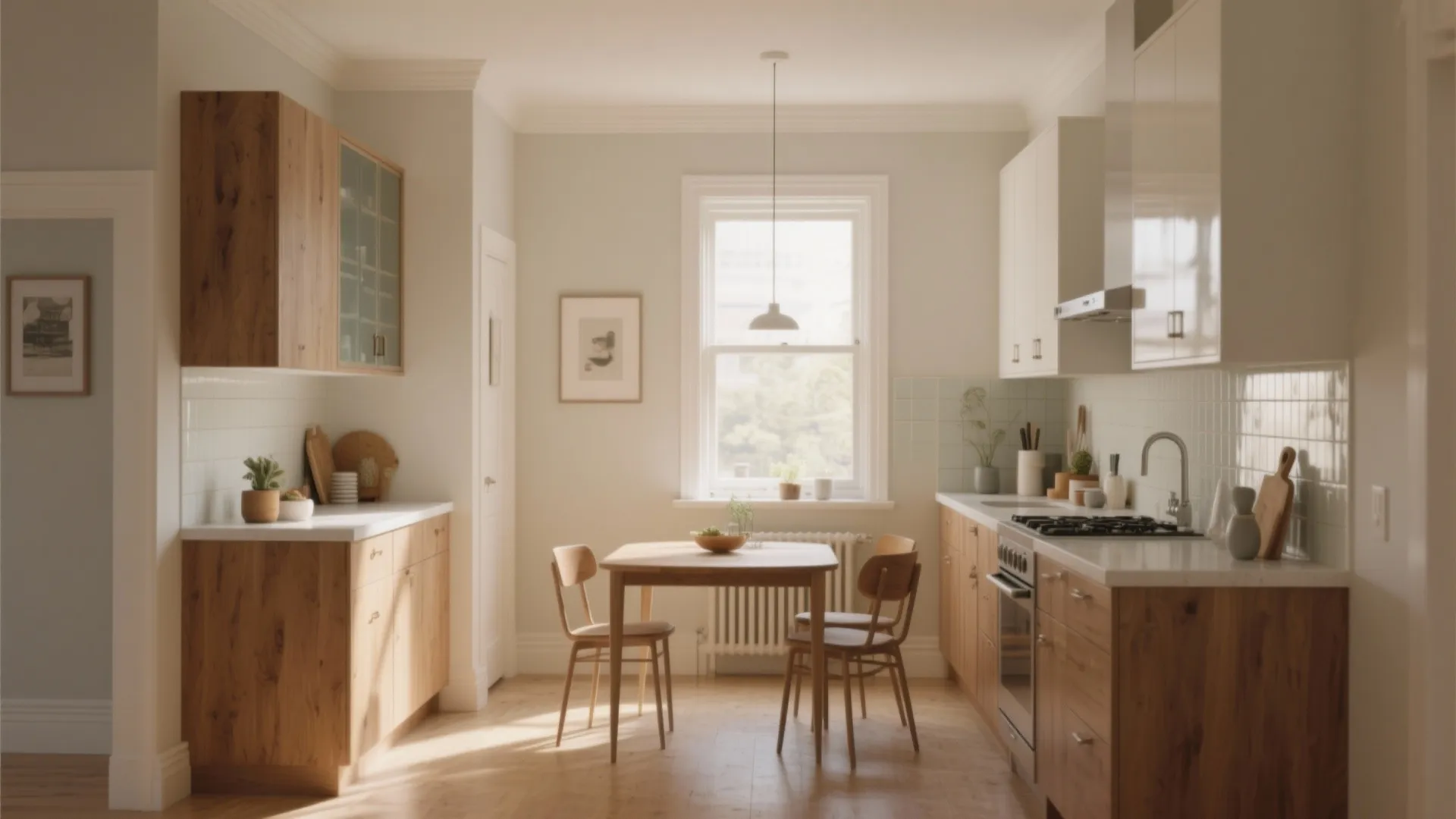 Bright kitchen with light wood cabinets plus a small wooden dining table set near window