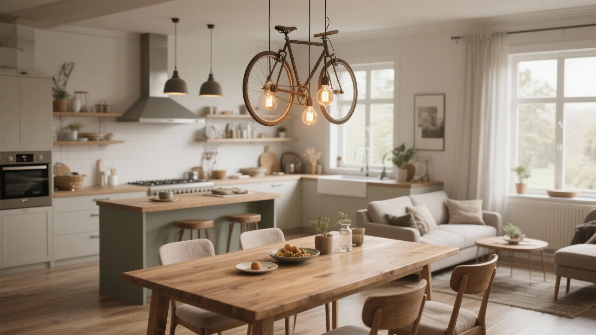 Modern open plan kitchen and living room featuring a unique bicycle ceiling light and furniture