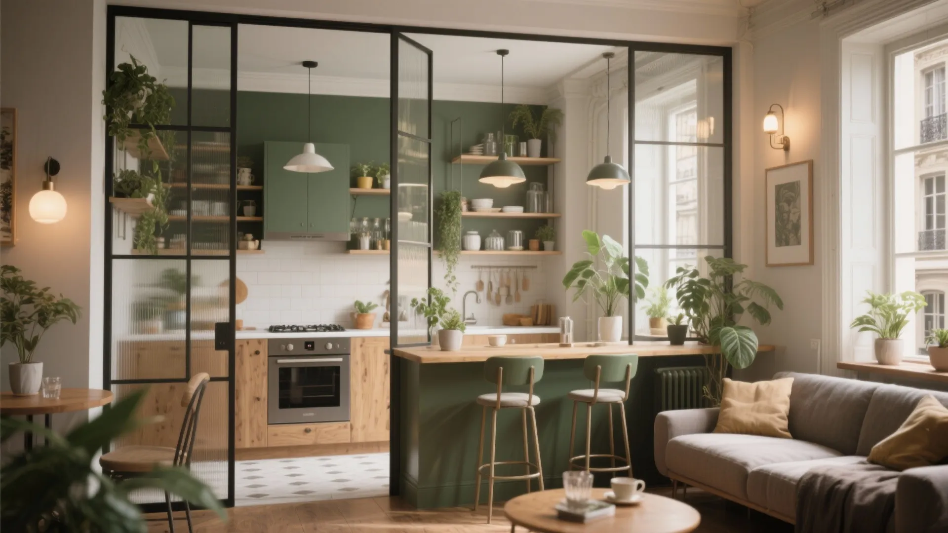 Modern green kitchen with wood cabinets separated from the living room by black glass doors