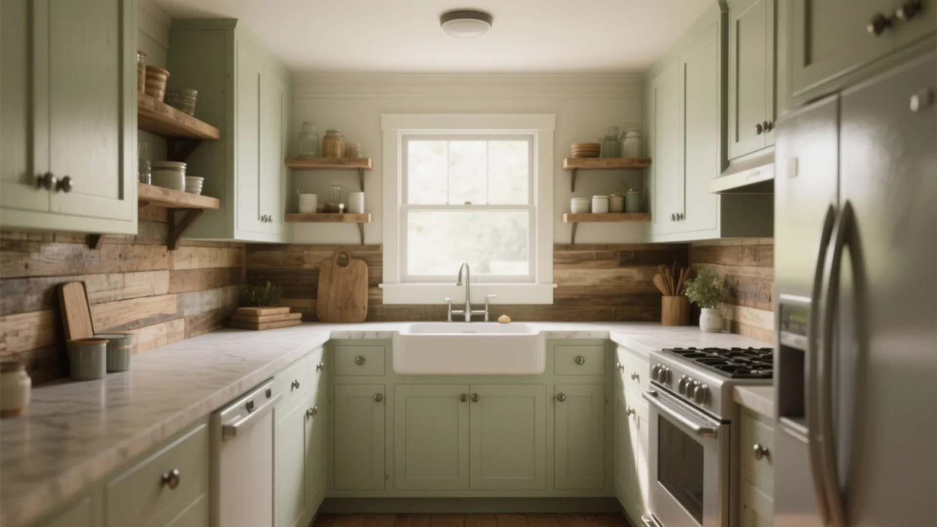 Small kitchen featuring light green cabinets wood backsplash white countertops farmhouse sink and central window