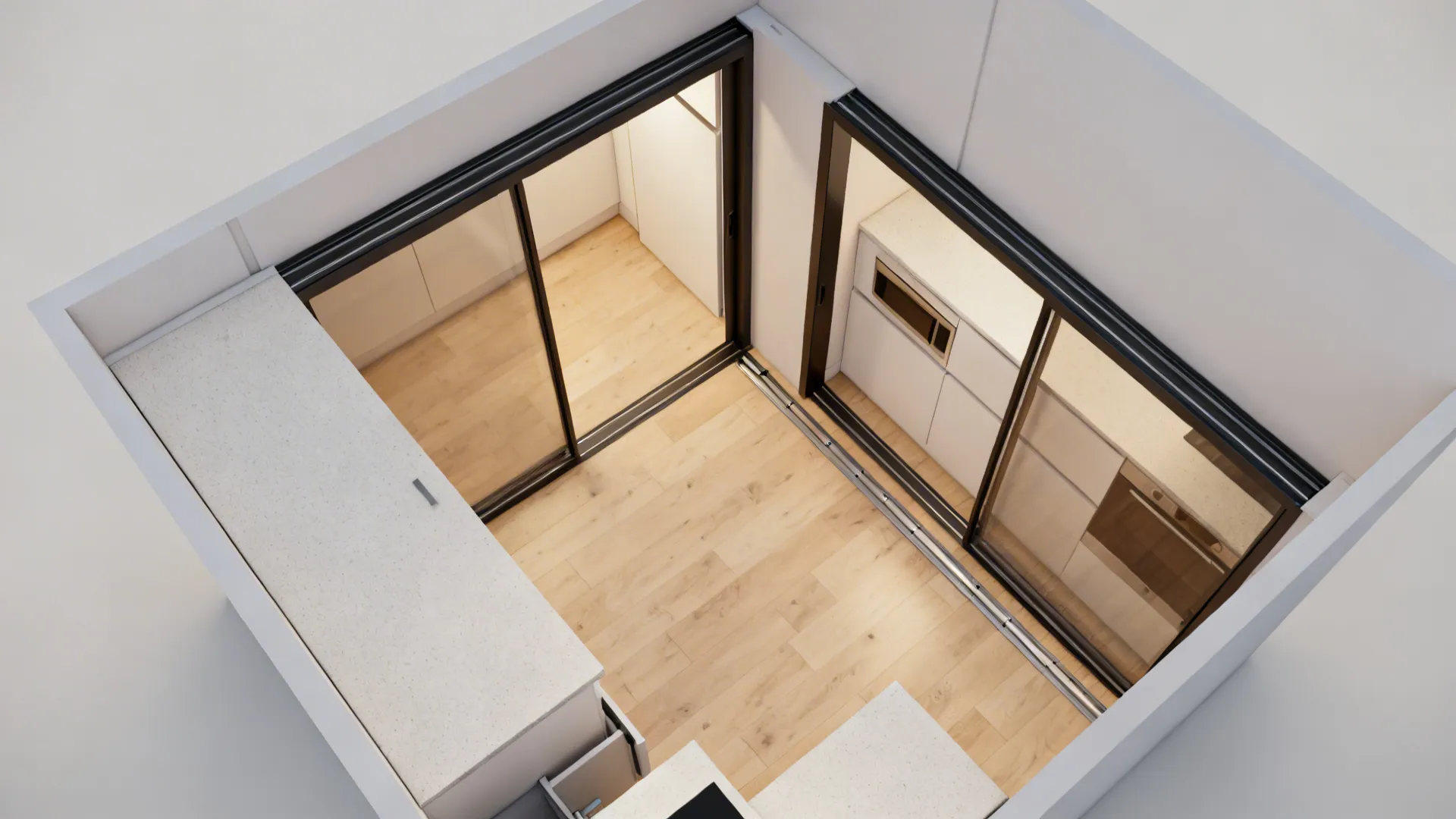 Top-down compact kitchen plan showing sliding path, hinged swing arcs, and pocket cavity for door clearance.