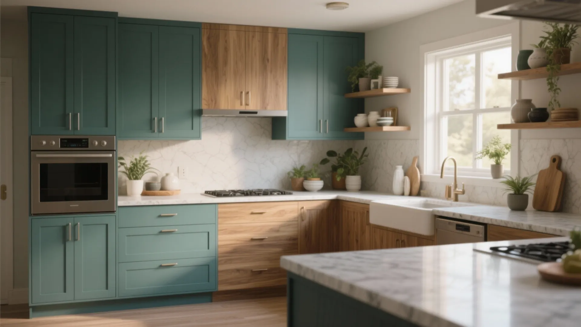 Modern kitchen with green and wood cabinets white marble counters sink and bright window view