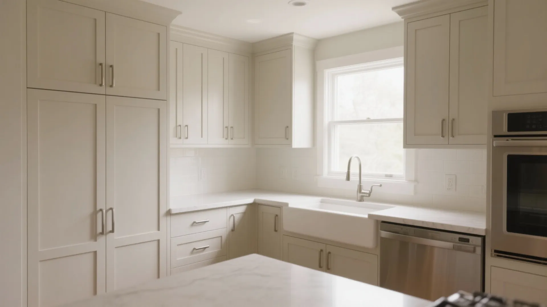 Modern bright kitchen with white cabinets white sink silver faucet oven dishwasher and a large window