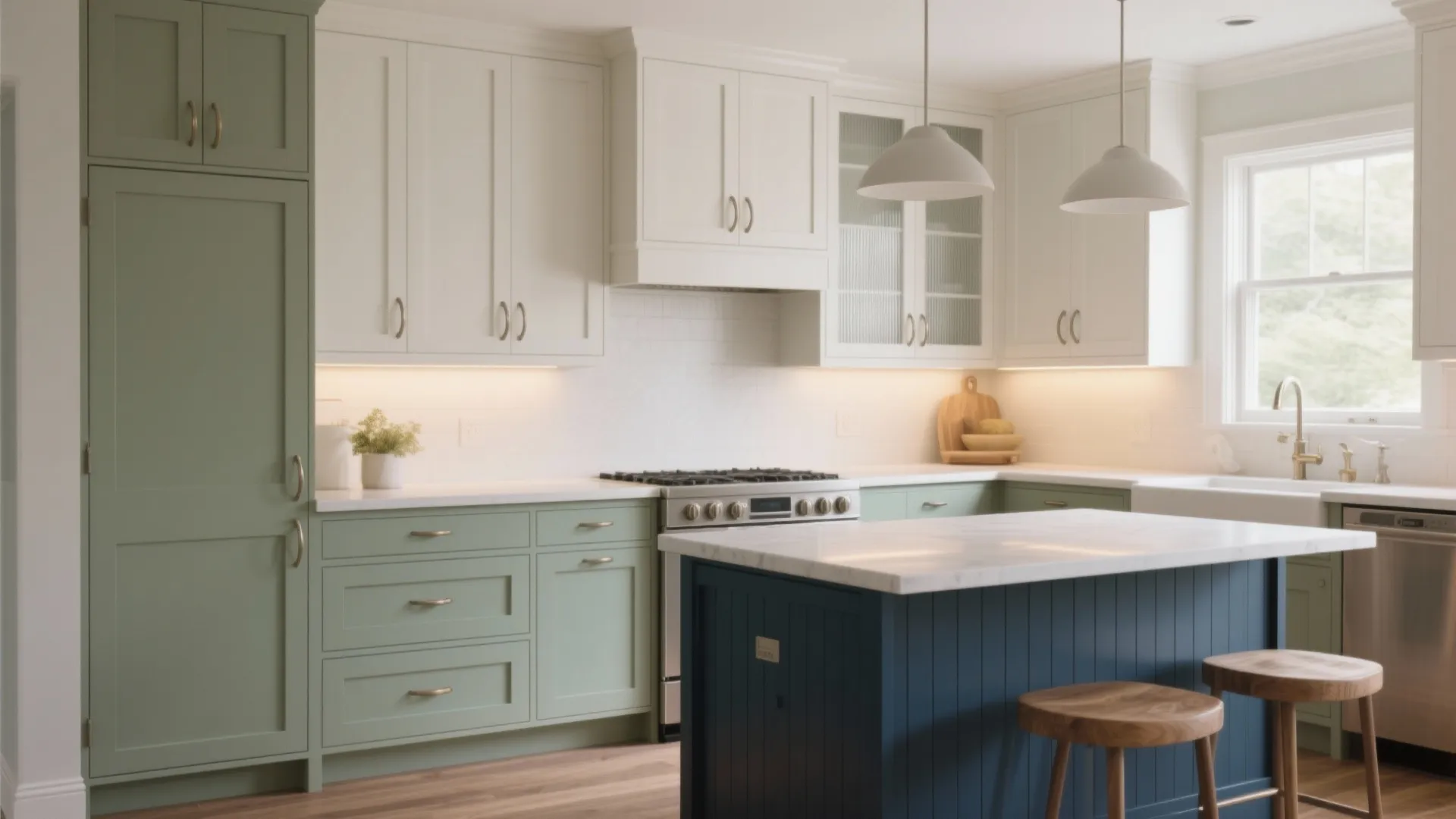 Bright kitchen with green cabinets white upper cupboards blue island marble countertop and wooden stools
