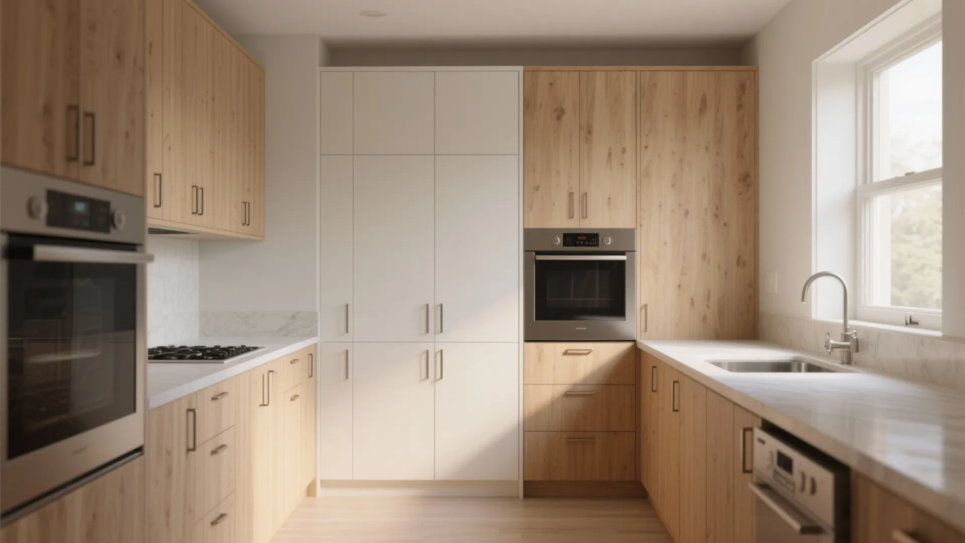 Interior design drawing of modern kitchen with light wood cabinets, white pantry doors, oven, and window