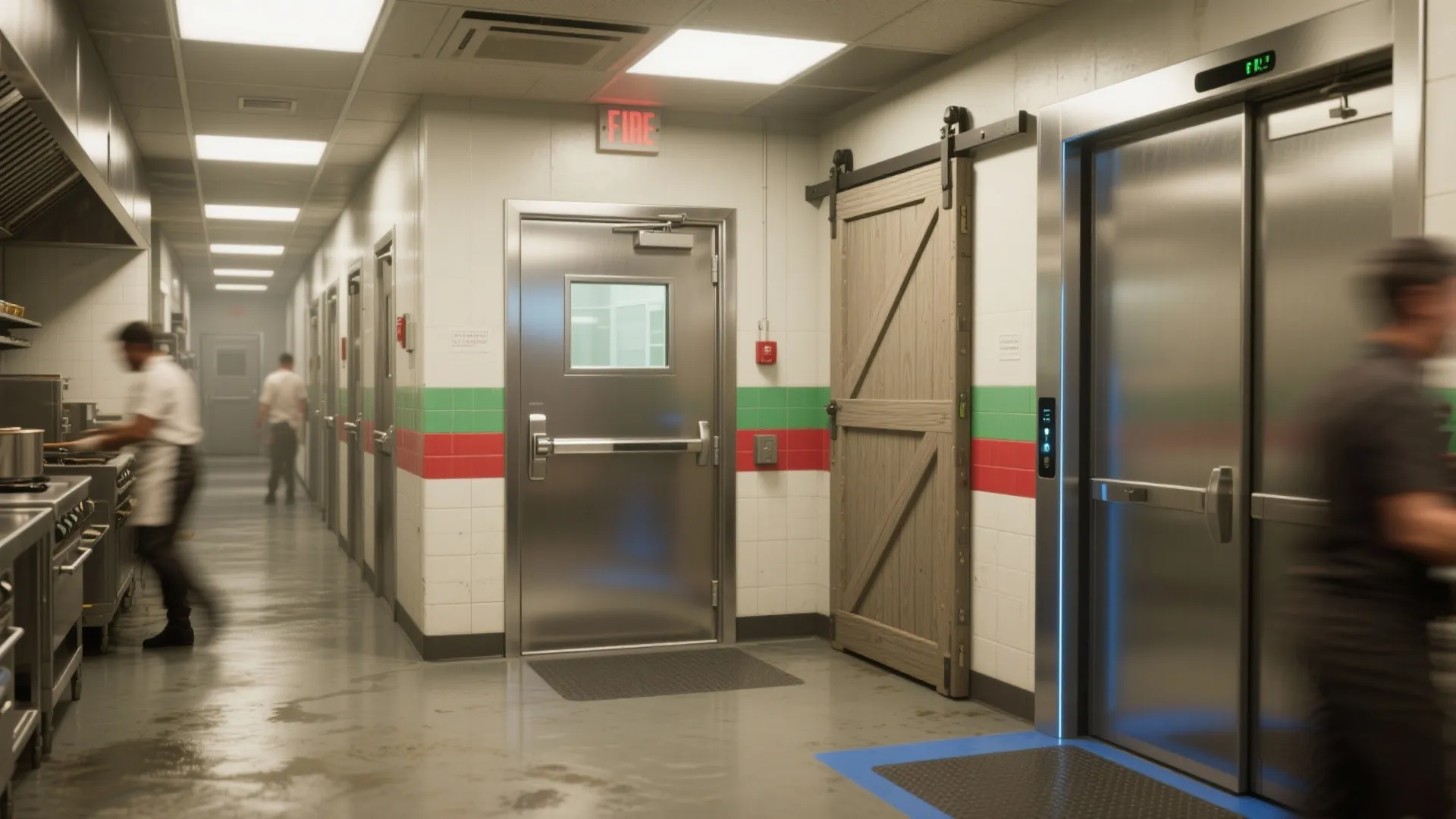 Commercial kitchen hallway showing stainless steel door wooden sliding barn door and large automated metal doors