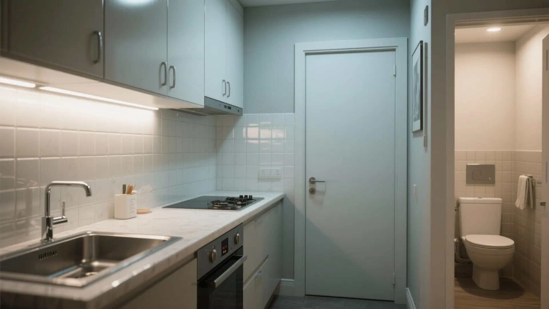 Modern kitchen with white cabinets marble countertop stove sink and a view of the bathroom