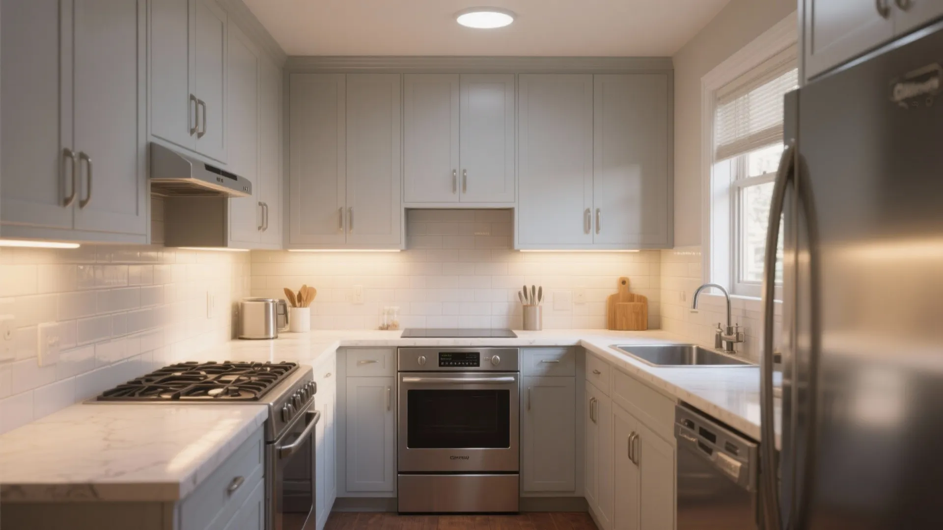 Modern grey kitchen layout with white tile wall light fixture silver oven and wooden floor design