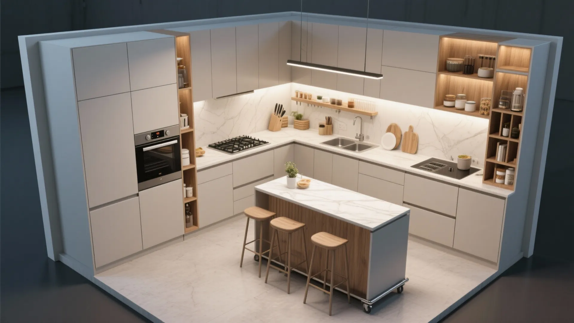 Top-down view of a compact efficient kitchen with tall cabinets and a slim rolling island