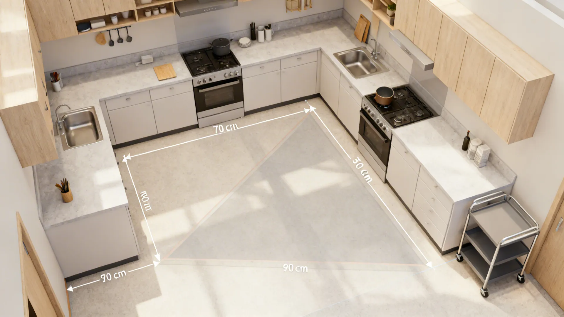 Top-down visualization showing clearances and trolley placement outside the work triangle.