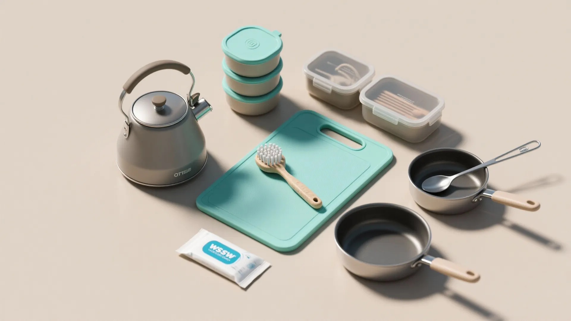 Kitchen essentials collection including a grey kettle green cutting board pans containers and a brush