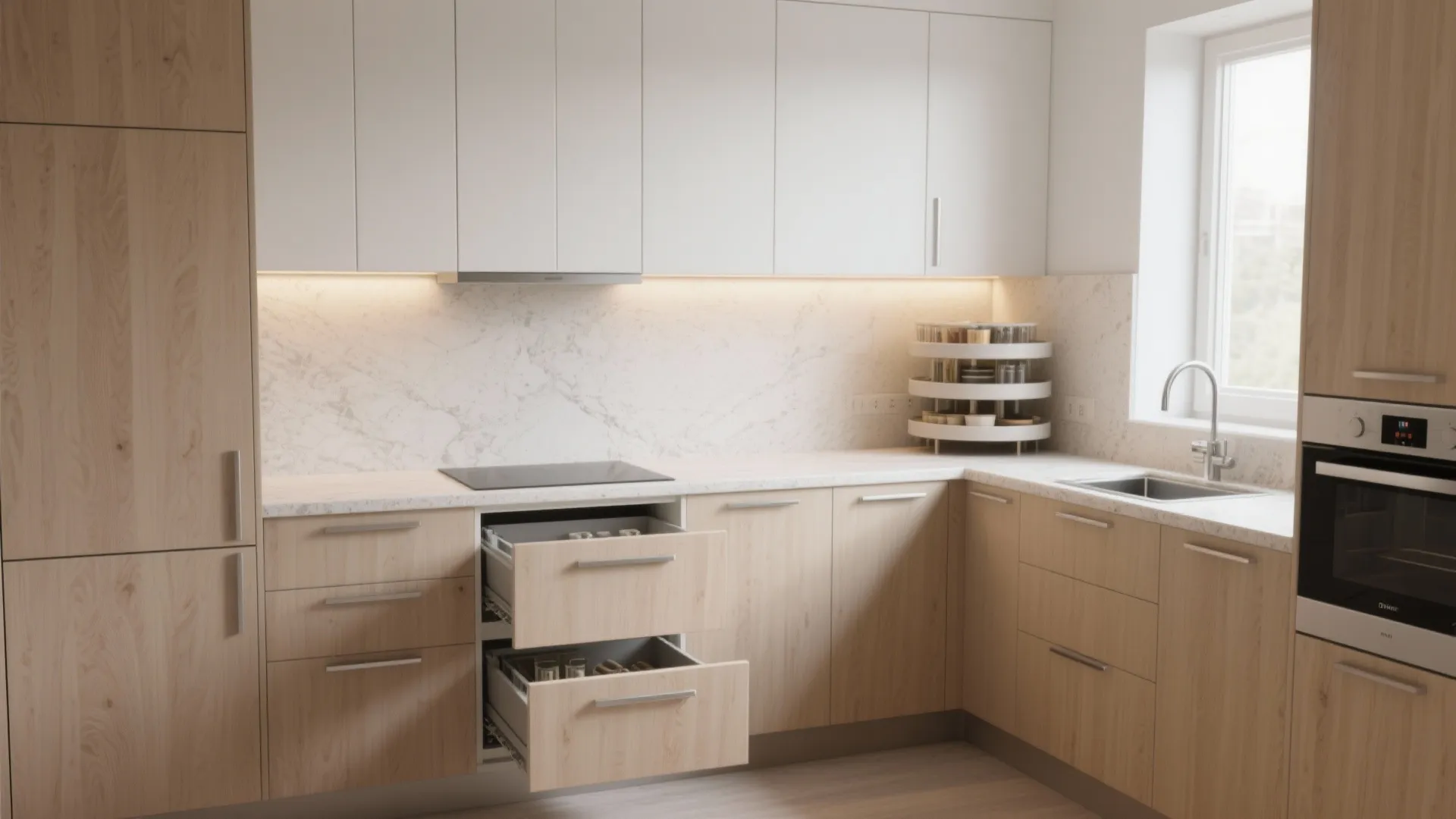Modern kitchen with wood cabinets white upper cupboards marble backsplash and open drawers for storage space
