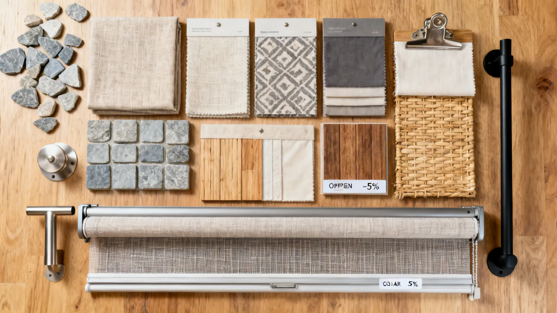 Flat lay of curtain fabrics and liners for kitchen sliders, including polyester, linen blend, cotton, woven wood, and solar mesh.