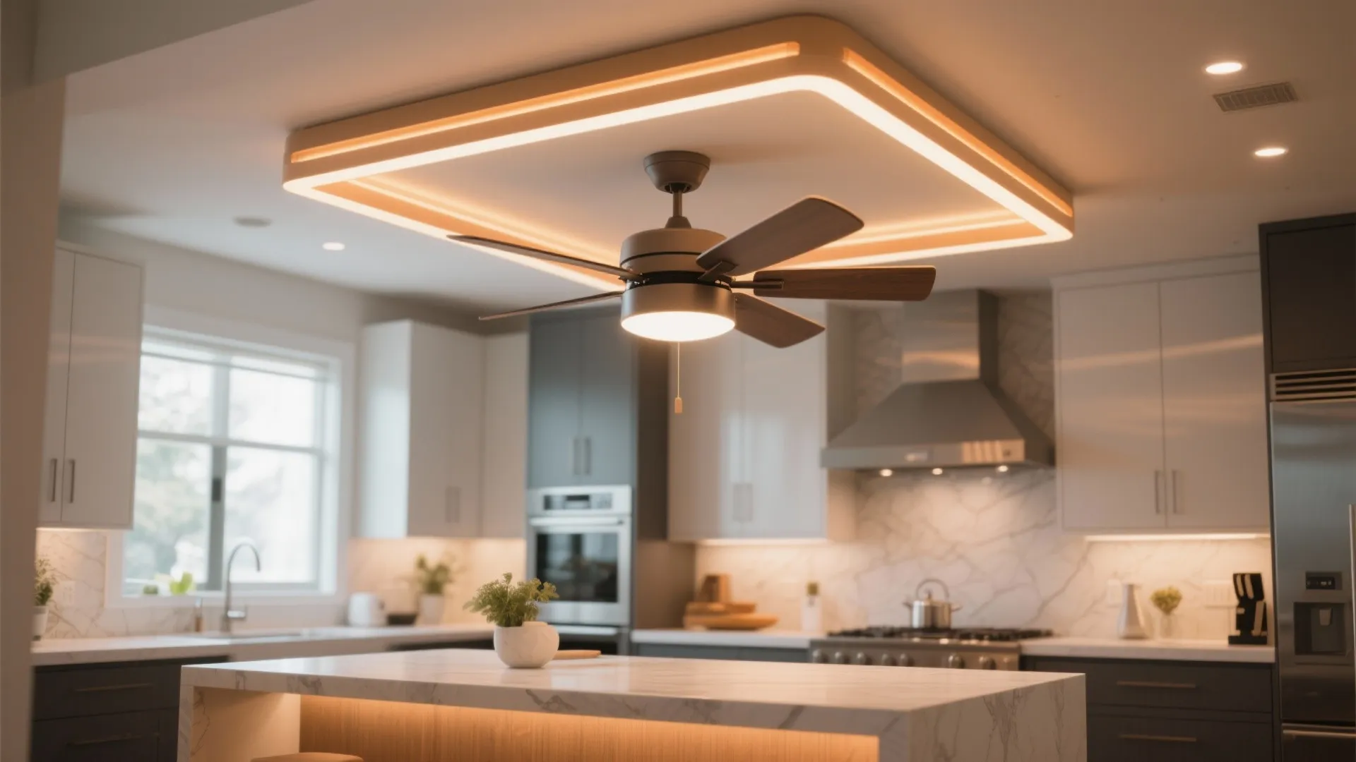 Modern kitchen ceiling fan with built-in warm LED light