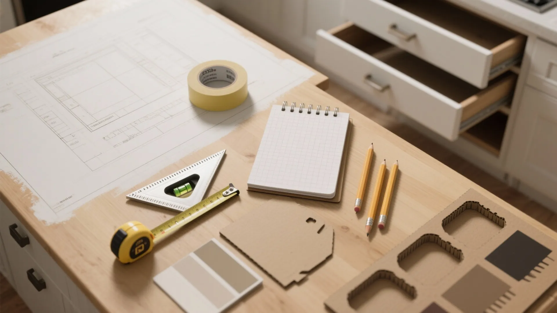 Wooden table with interior design drawing notebook pencils tape measure and color samples for renovation