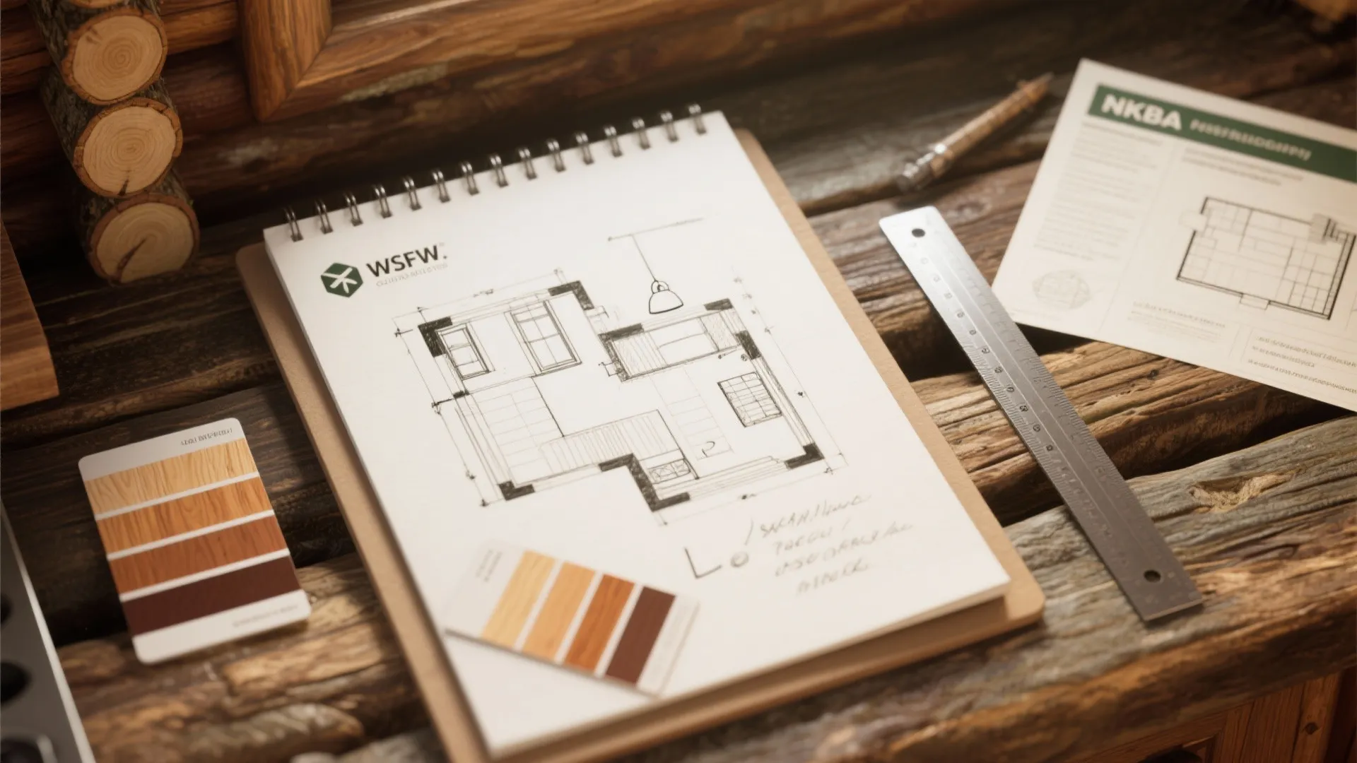 Close-up of planning materials for cabin kitchen FAQs: layout sketch, wood swatches and a lighting note.