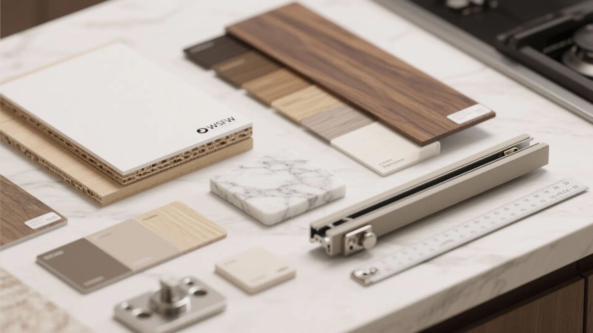 Flatlay of material samples and hardware including wood veneer, painted MDF, marble sample, drawer glides and color chips for island planning.