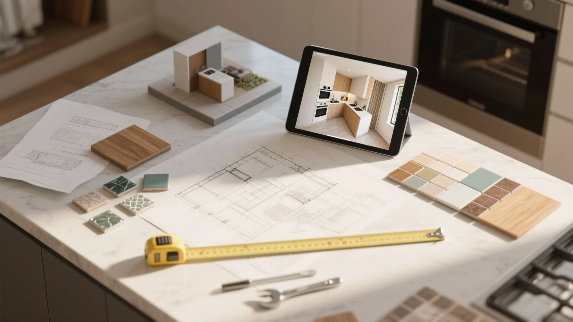 Kitchen floor plan drawing with measuring tape tile samples and a tablet showing a 3D design