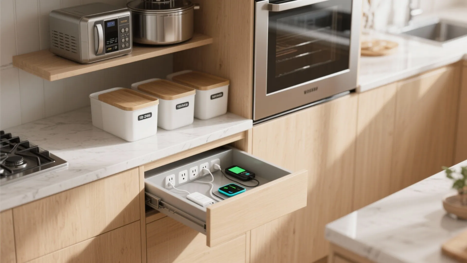 Organized kitchen showing labeled bins, a shallow charging drawer, and heavy appliances stored low on a pull-out tray.