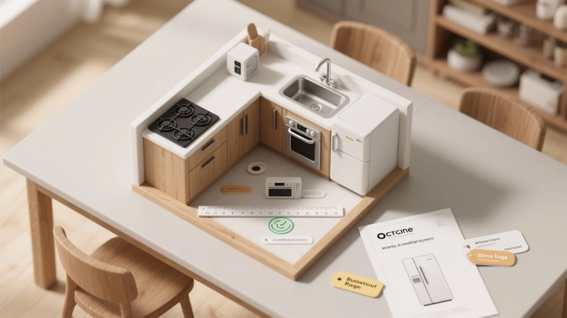 Miniature model of a kitchen layout on a table showing cabinets stove sink and refrigerator