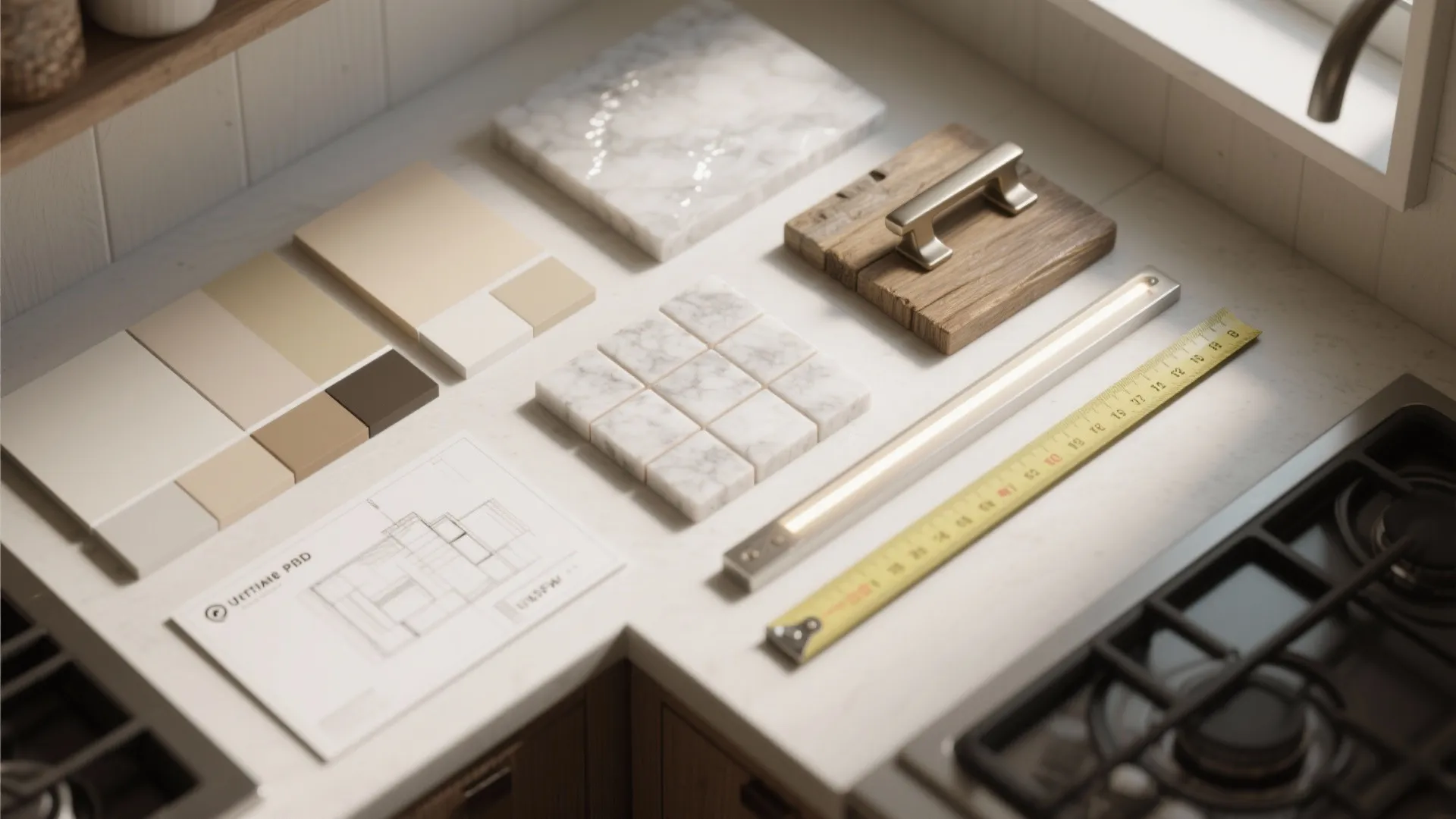 Kitchen counter with marble tiles, wood samples, color swatches, yellow measuring tape and interior design