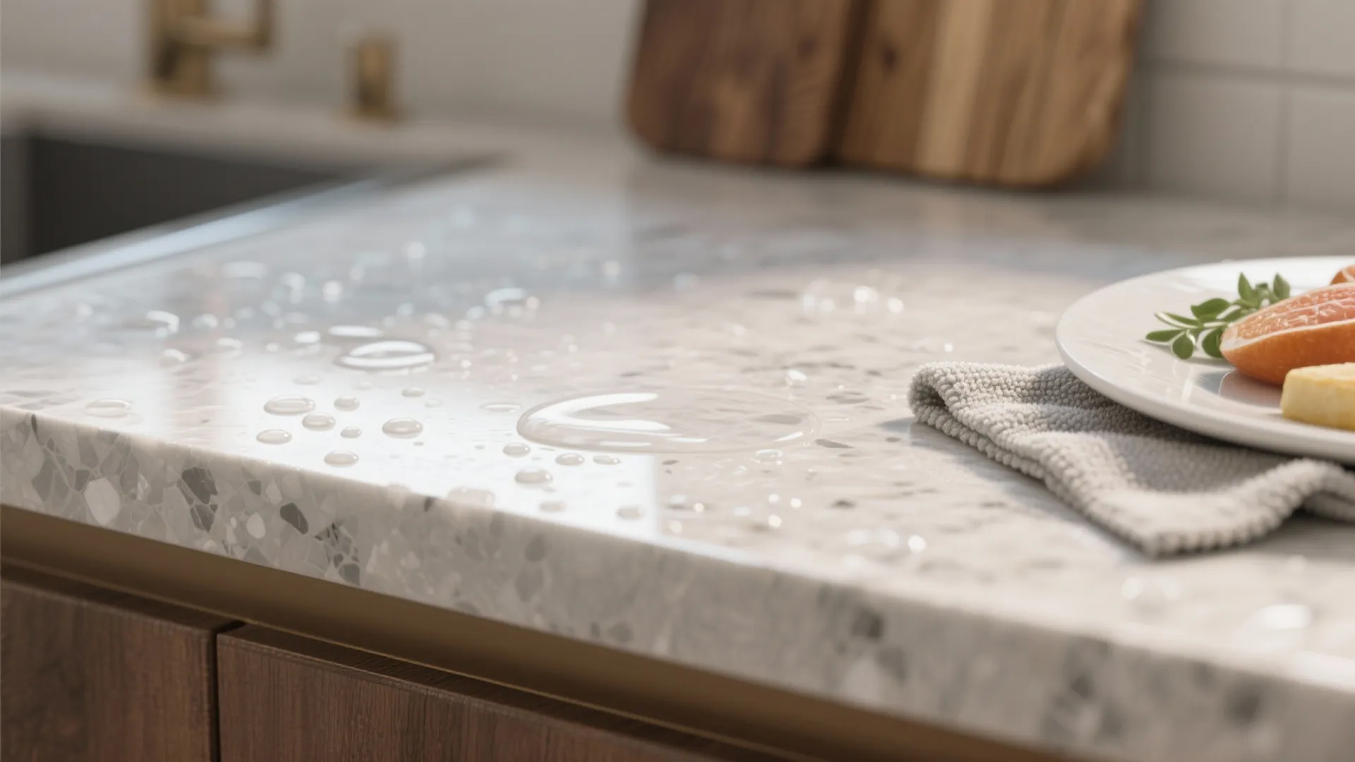 Close up of water droplets on white stone kitchen countertop with towel and fruit plate