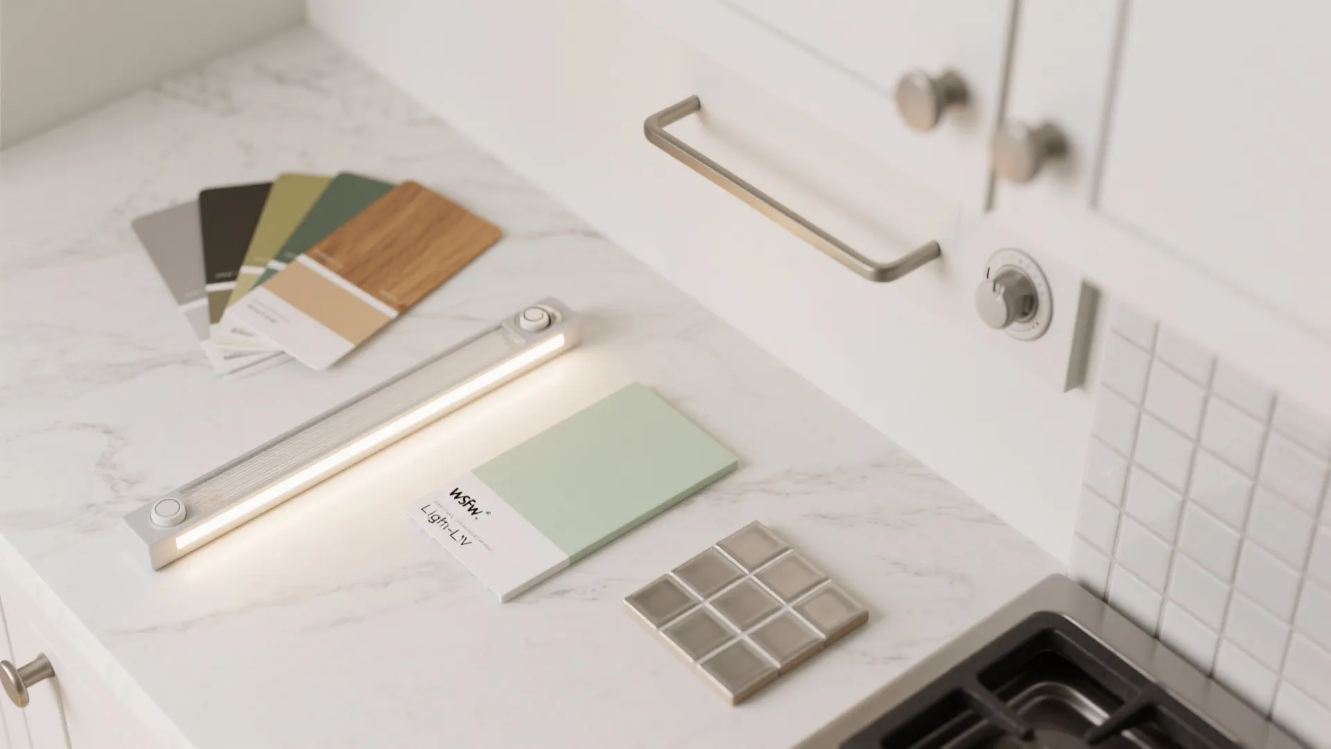 Kitchen countertop with color palette samples small tiles and a modern white light fixture bar