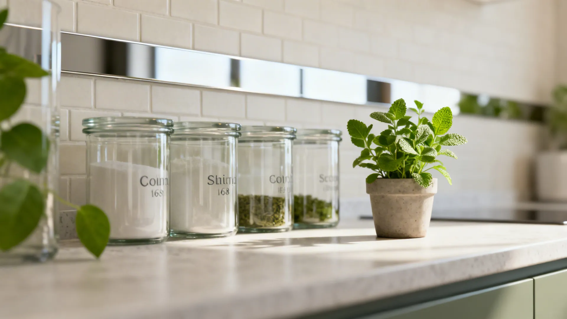 Tidy countertop with labeled jars and a reflective backsplash illustrating space-making tips.