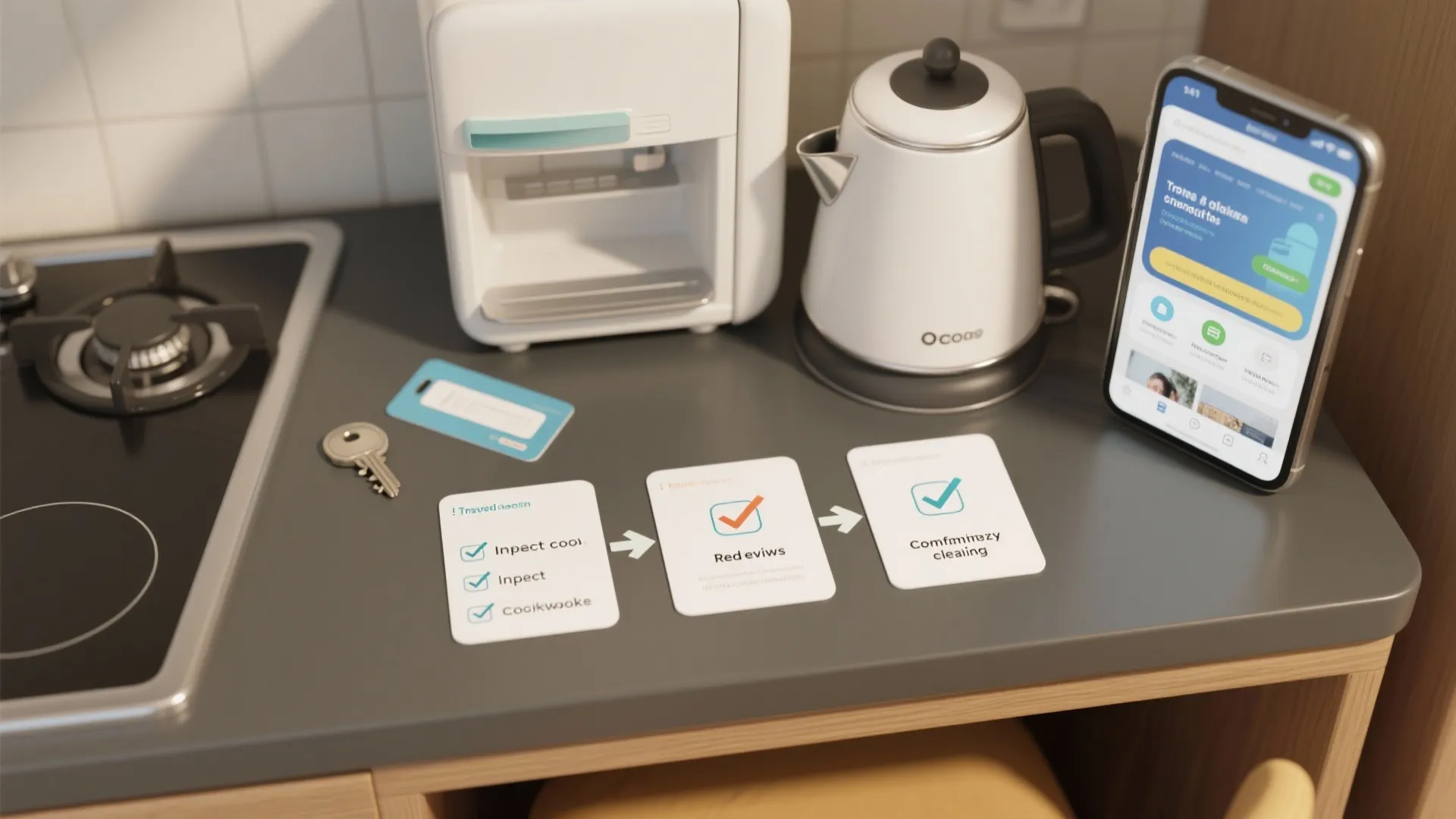Kitchen counter showing cleaning checklist cards white kettle smart phone app key and small coffee machine