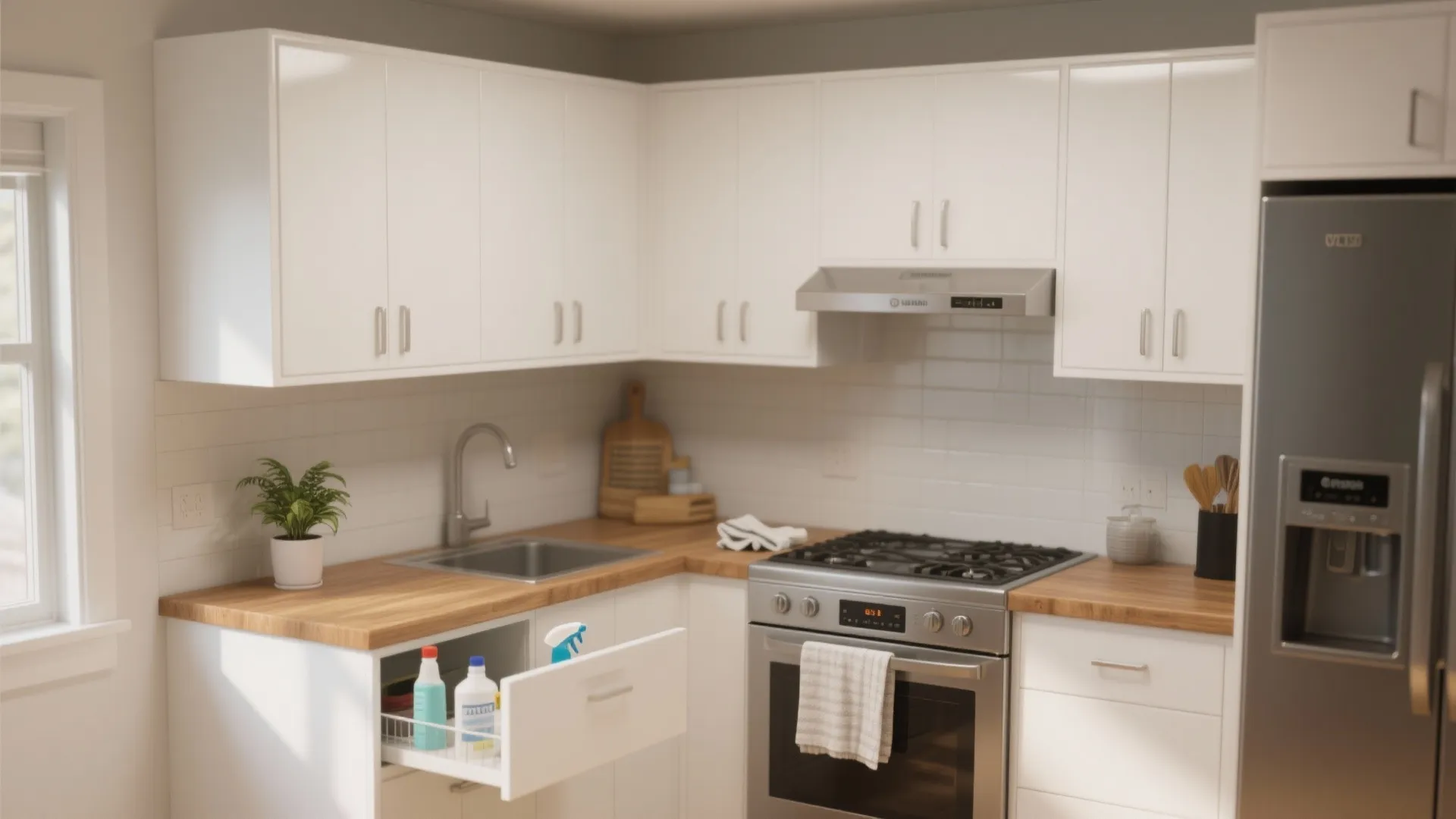 Bright white kitchen with wooden counter showing open drawer containing cleaning supplies near sink and stove