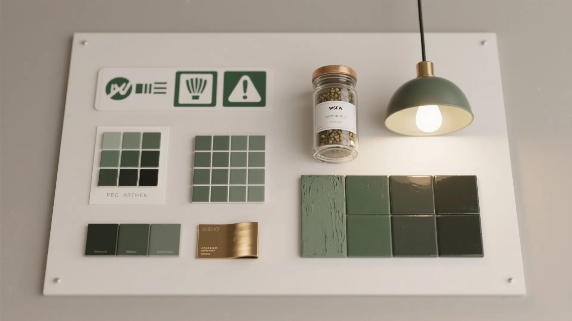 Interior design mood board with green wall tiles color samples glass jar and ceiling light