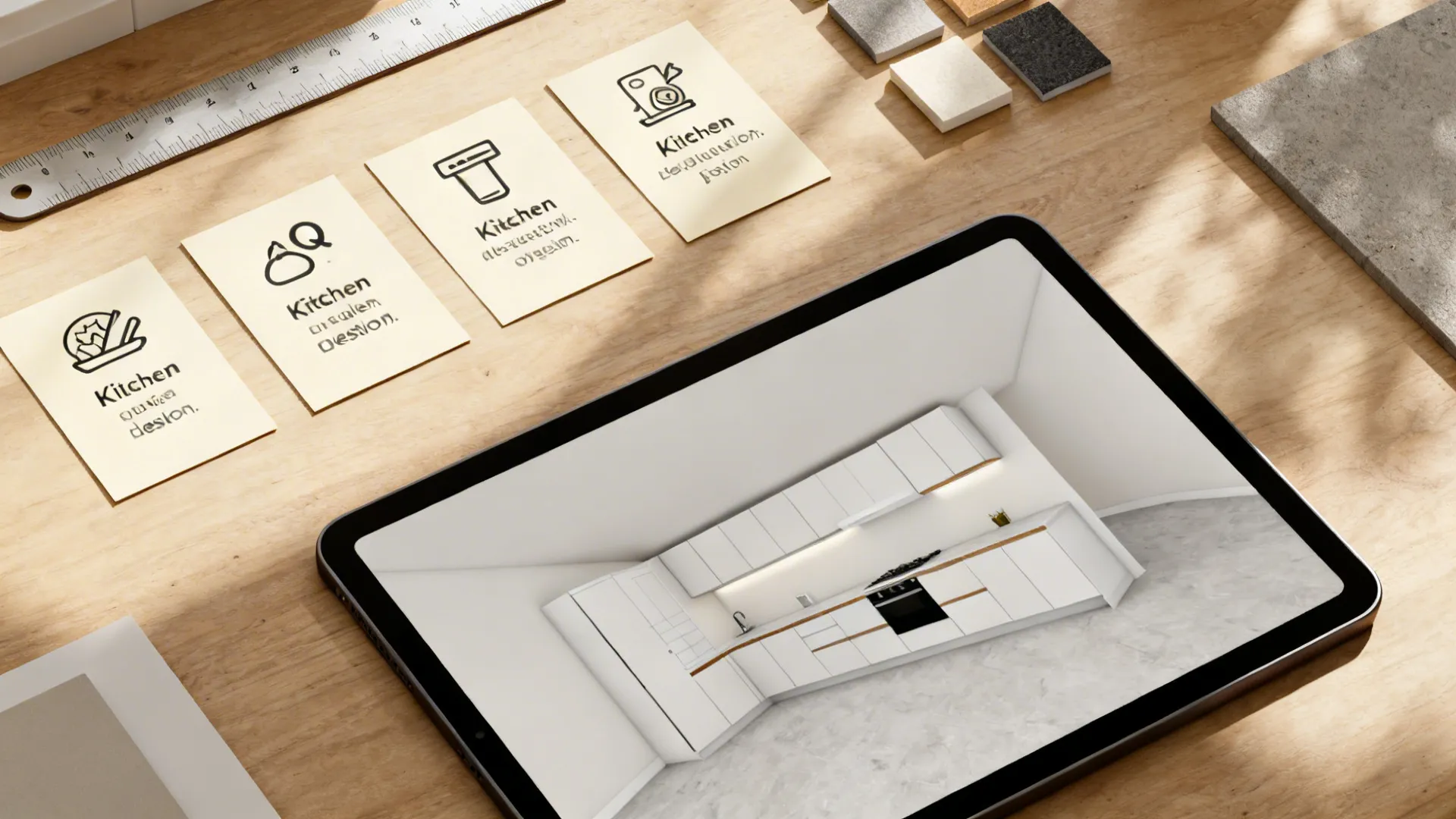 Top-down desk with question cards, ruler, material swatches, and a tablet showing a kitchen render.