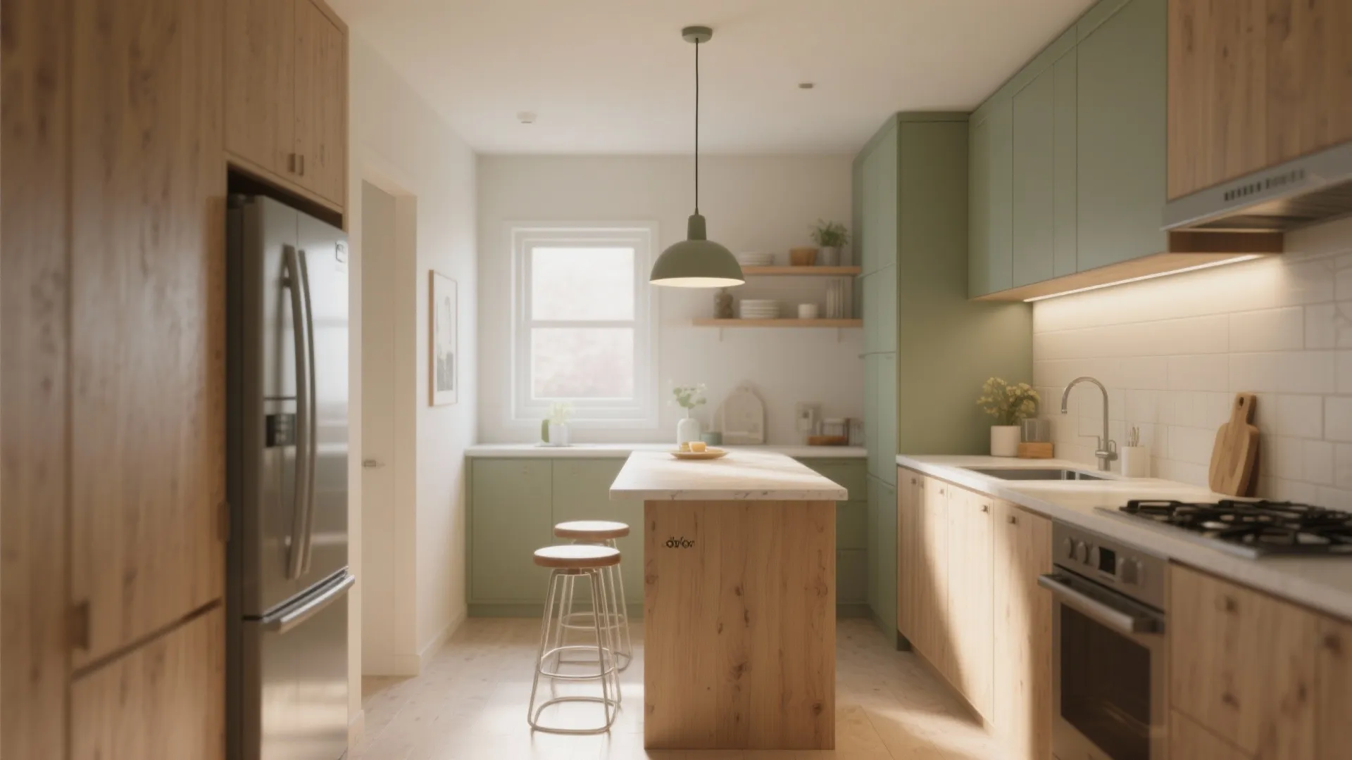 Modern kitchen with wood island green cabinets white subway tiles ceiling light and stainless steel fridge
