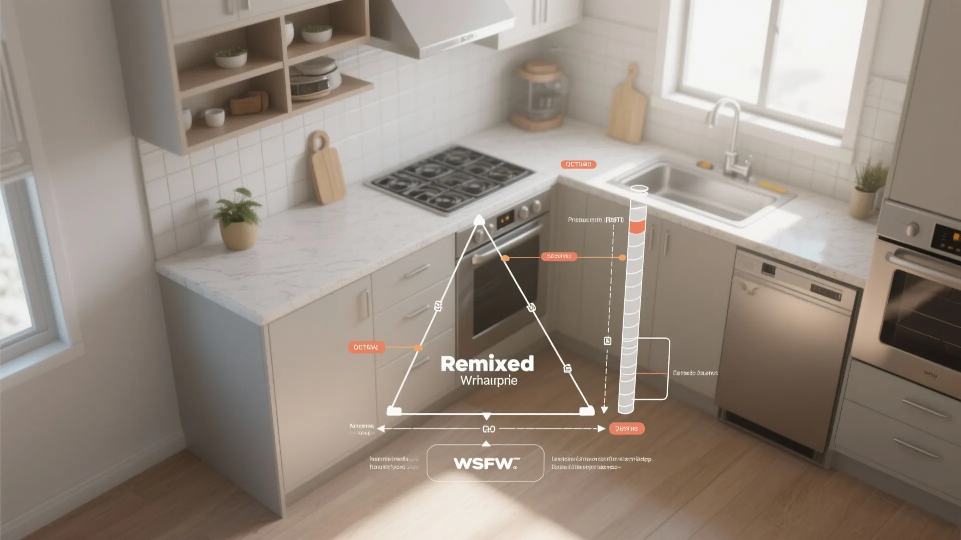 Diagram showing the kitchen work triangle layout connecting the stove sink and the built-in oven