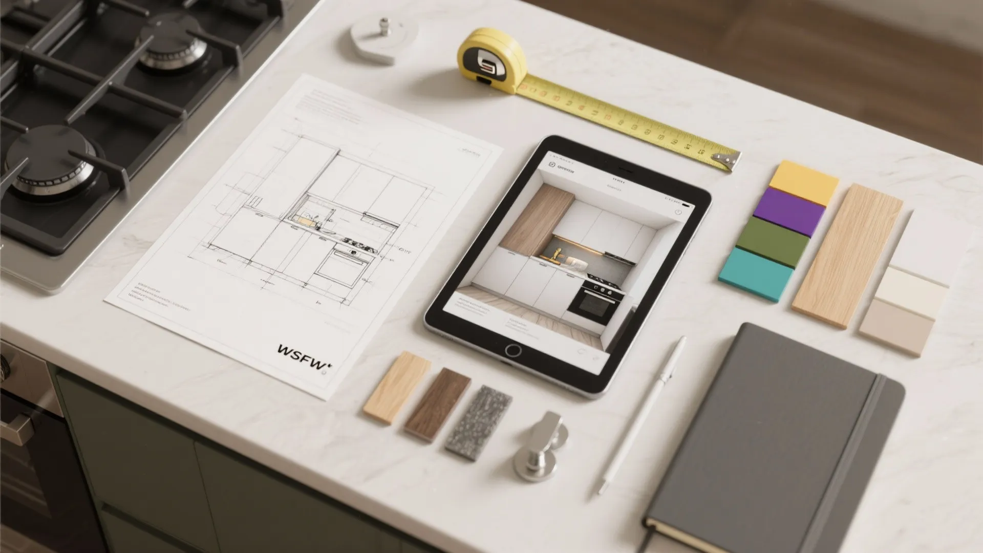 Flatlay of kitchen design tools, color swatches, a tablet showing a 3D layout, and sample hardware for planning.