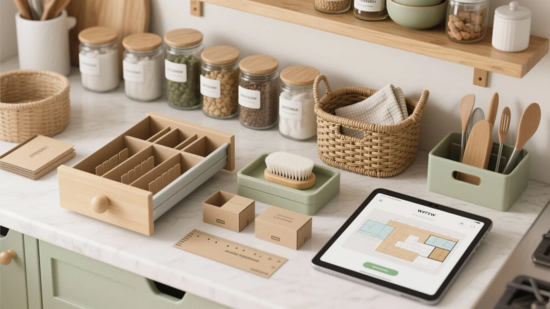 Kitchen countertop with jars, wooden drawer organizer, woven baskets, and tablet showing a floor plan