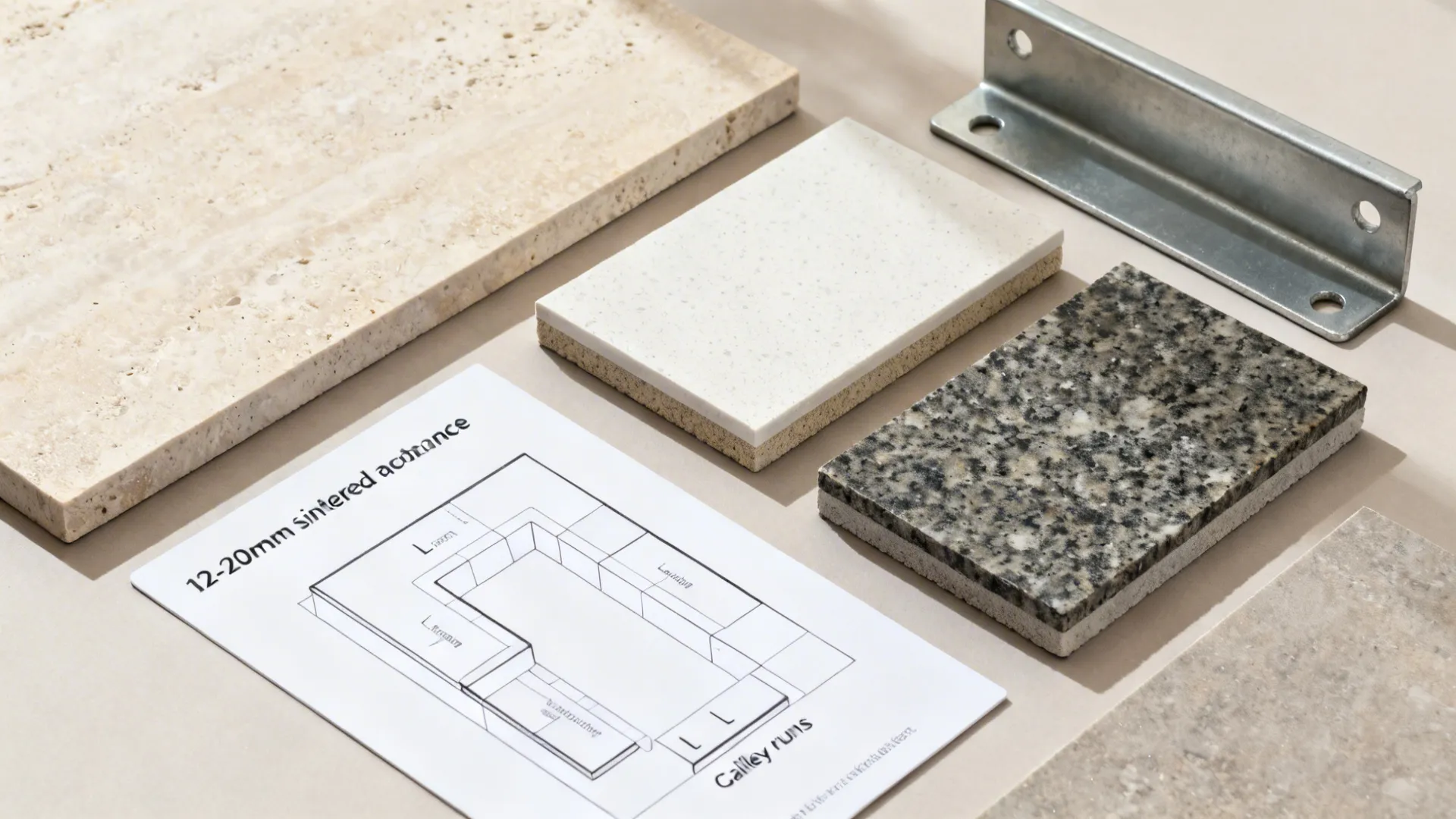 Flat lay of countertop thickness samples, material swatches, support bracket, and layout cards for L-shaped and galley kitchens.