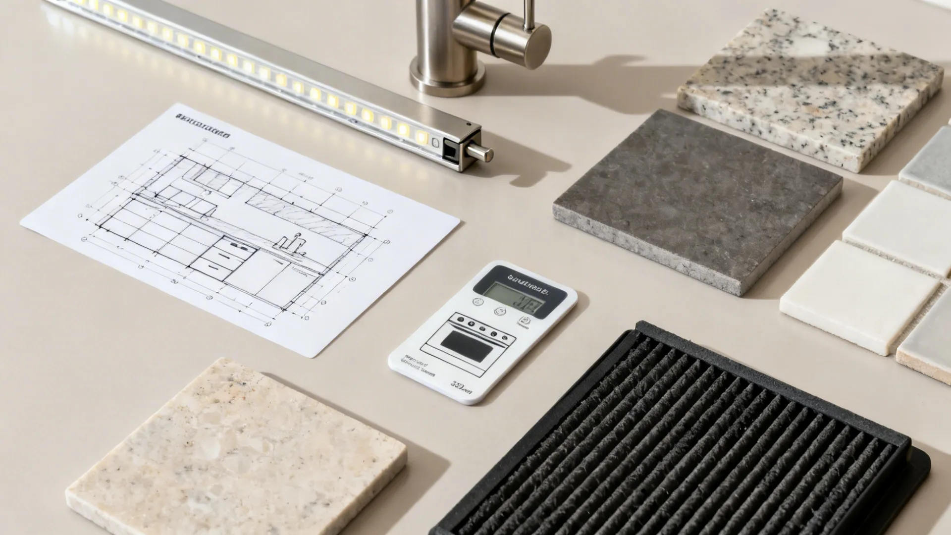 Flatlay of lighting, layout, storage hardware, surface samples, and ventilation filter elements.