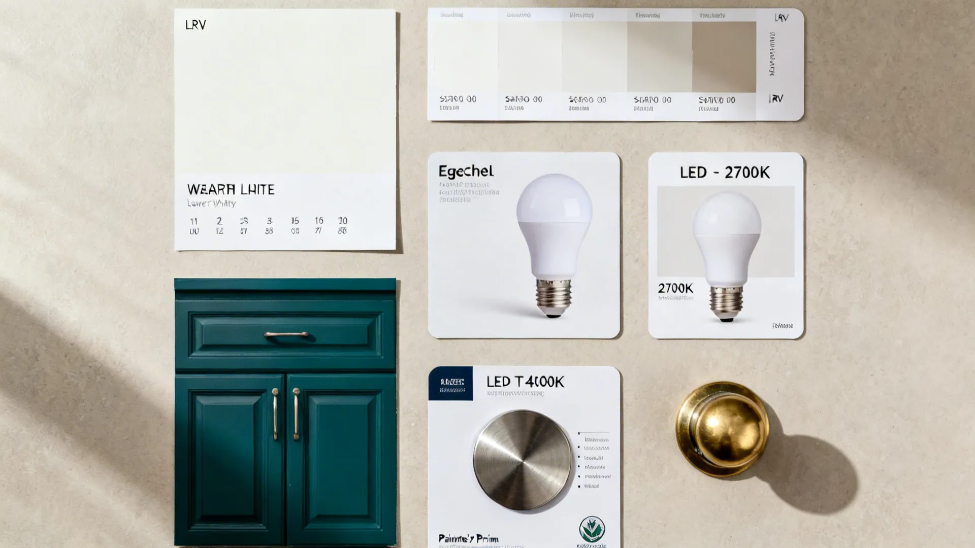 Flat lay of warm white and blue-green swatches, finish samples, LED temperature cards, and metal accents.