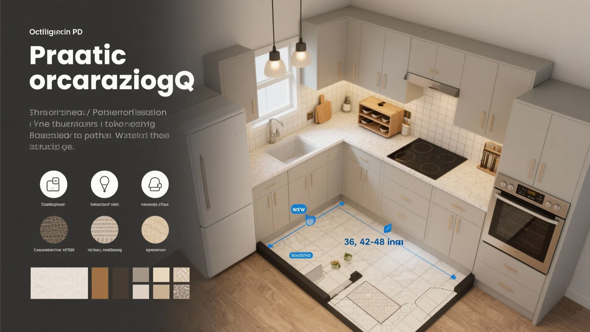 Annotated floorplan and material samples showing clearances and tips for small L-shaped kitchens