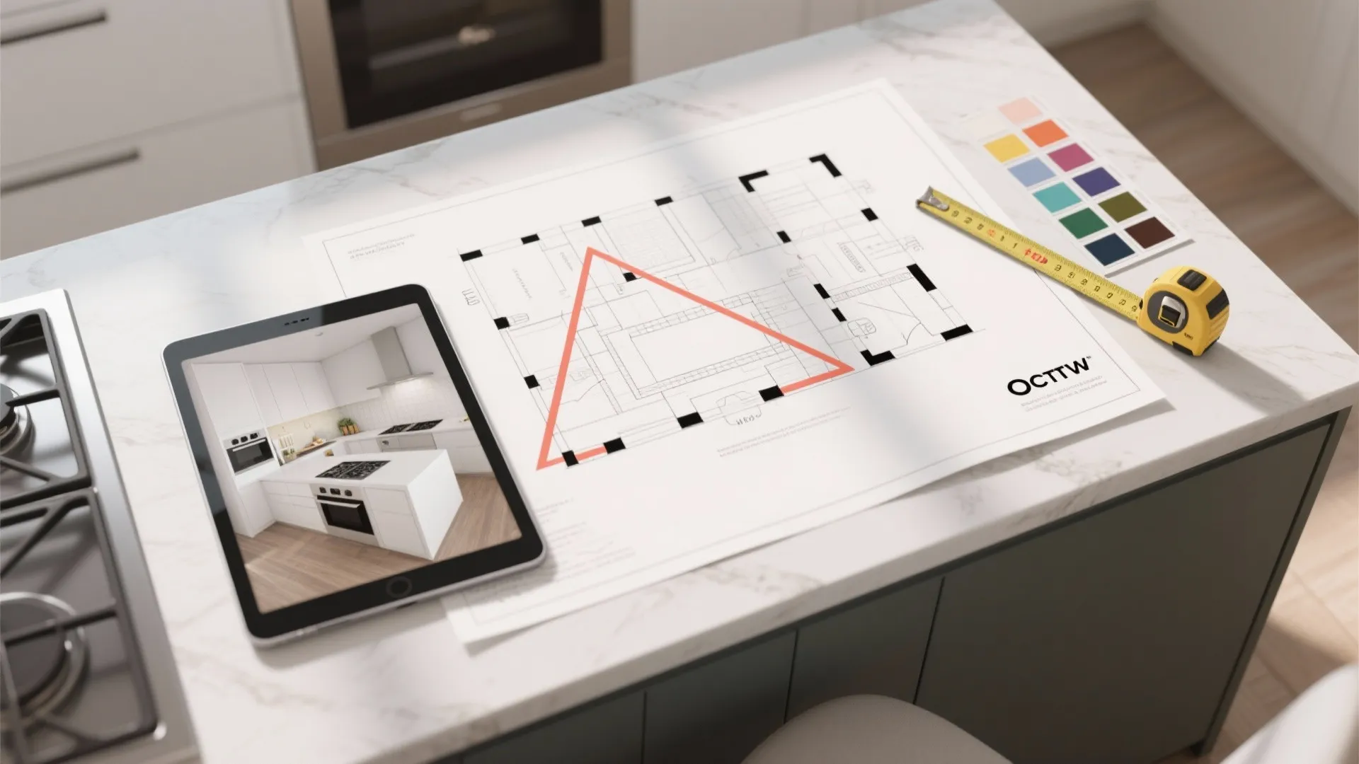 Kitchen room layout drawing on marble counter with yellow tape measure and digital tablet display