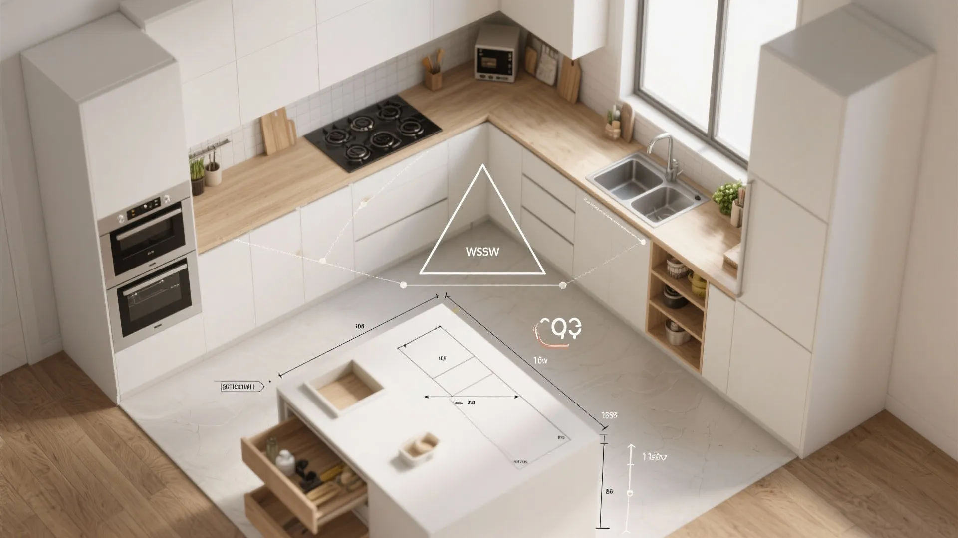 Modern white kitchen layout design with island wood countertop sink oven stove and workspace triangle