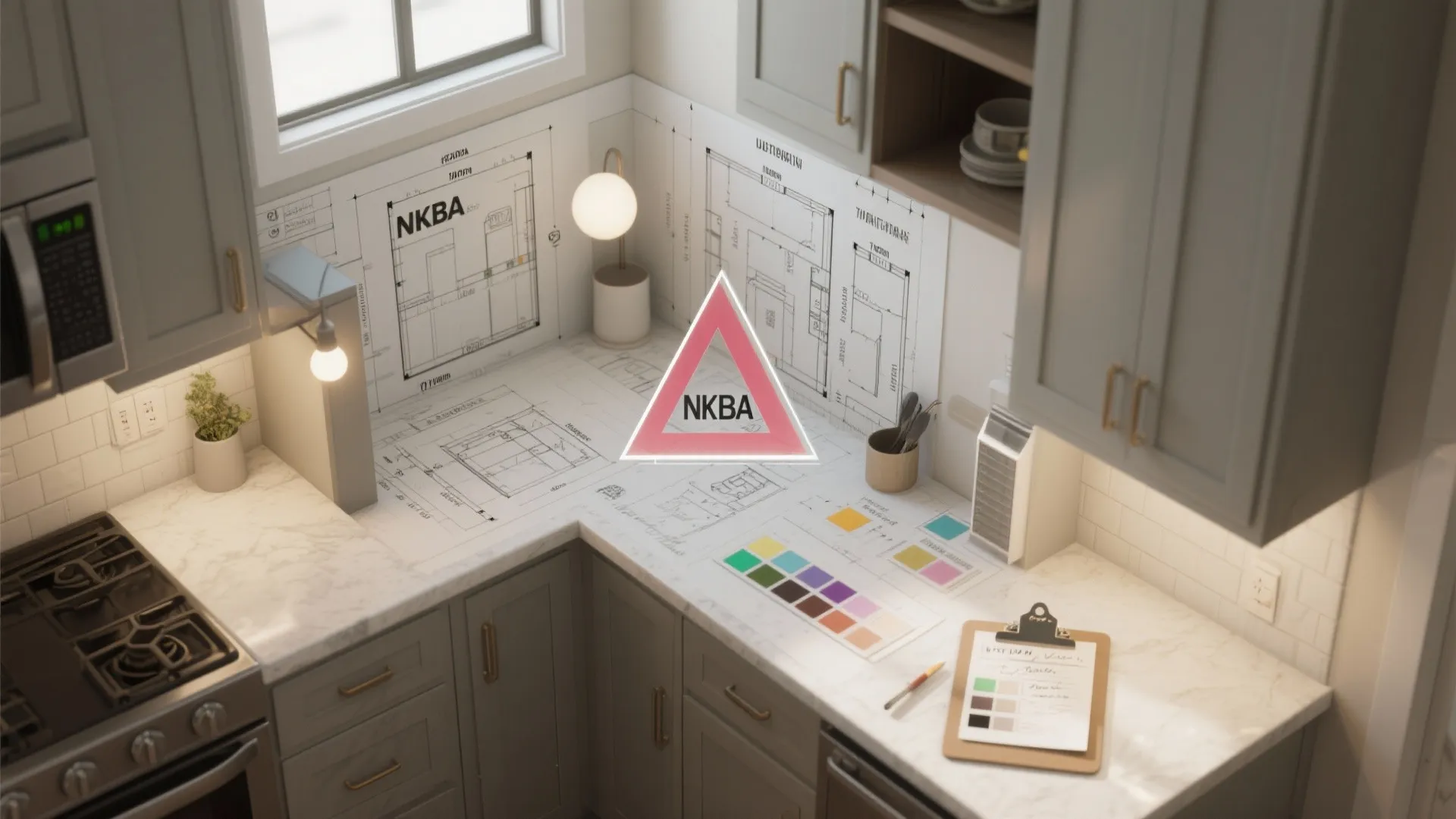 Top-down visuals of kitchen layouts, work-triangle overlays and lighting diagrams to illustrate FAQ planning guidance.