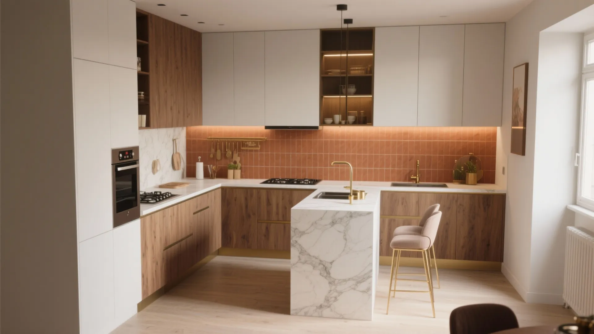 Overview of efficient small-kitchen layouts with galley and island options and annotated clearances.