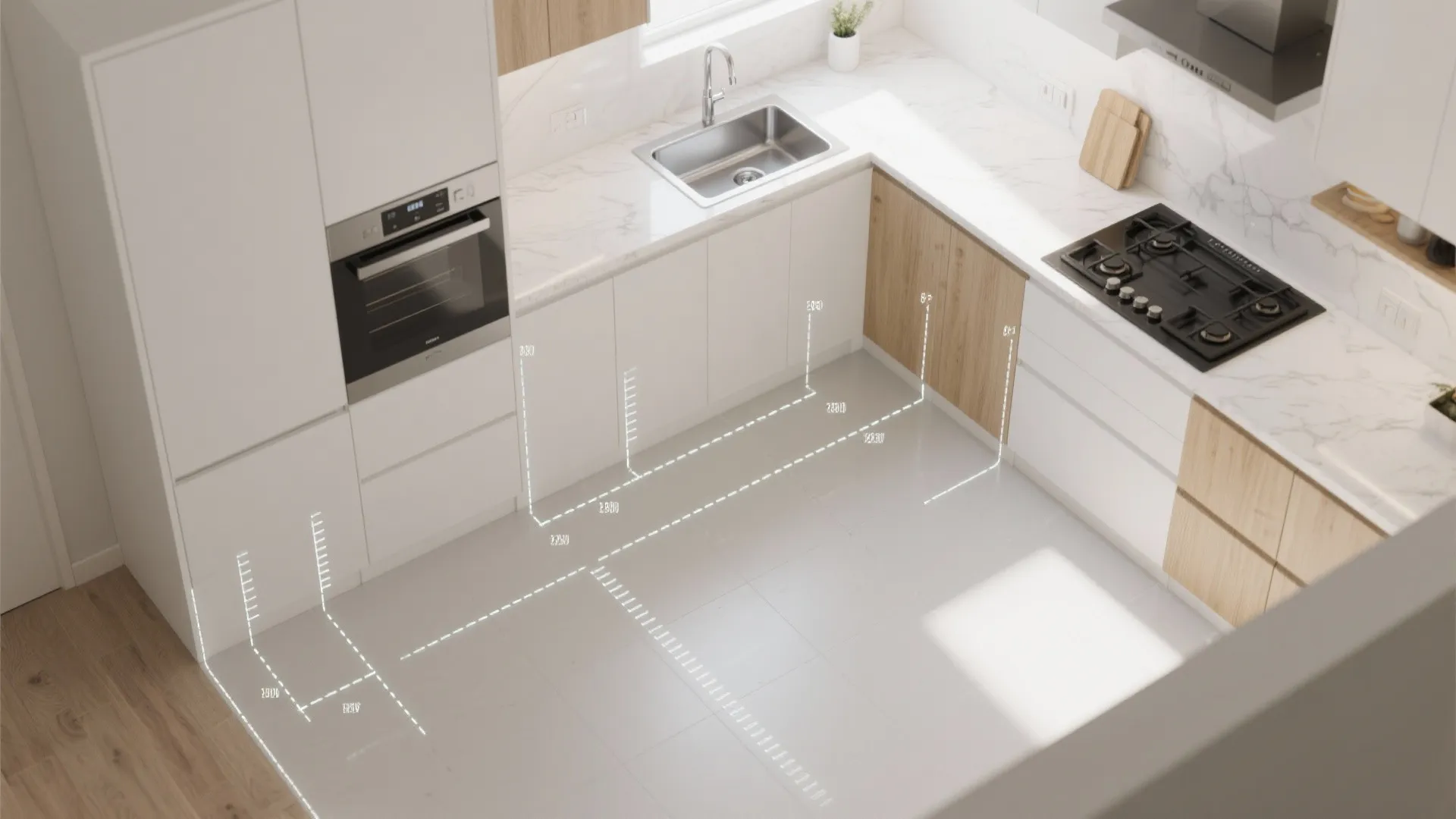 Modern white and wood kitchen design drawing with measurement lines and built-in oven and stove