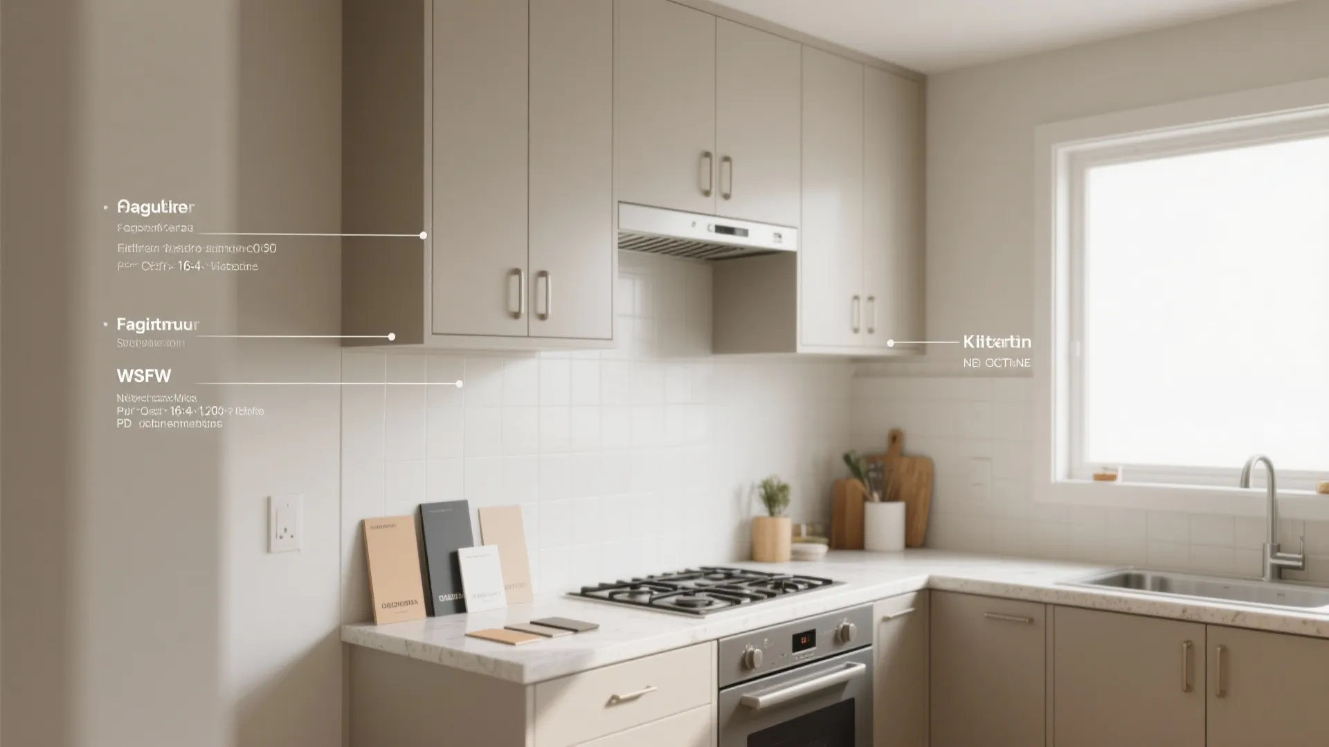 Modern kitchen drawing showing grey cabinets white tile backsplash and various paint color sample cards