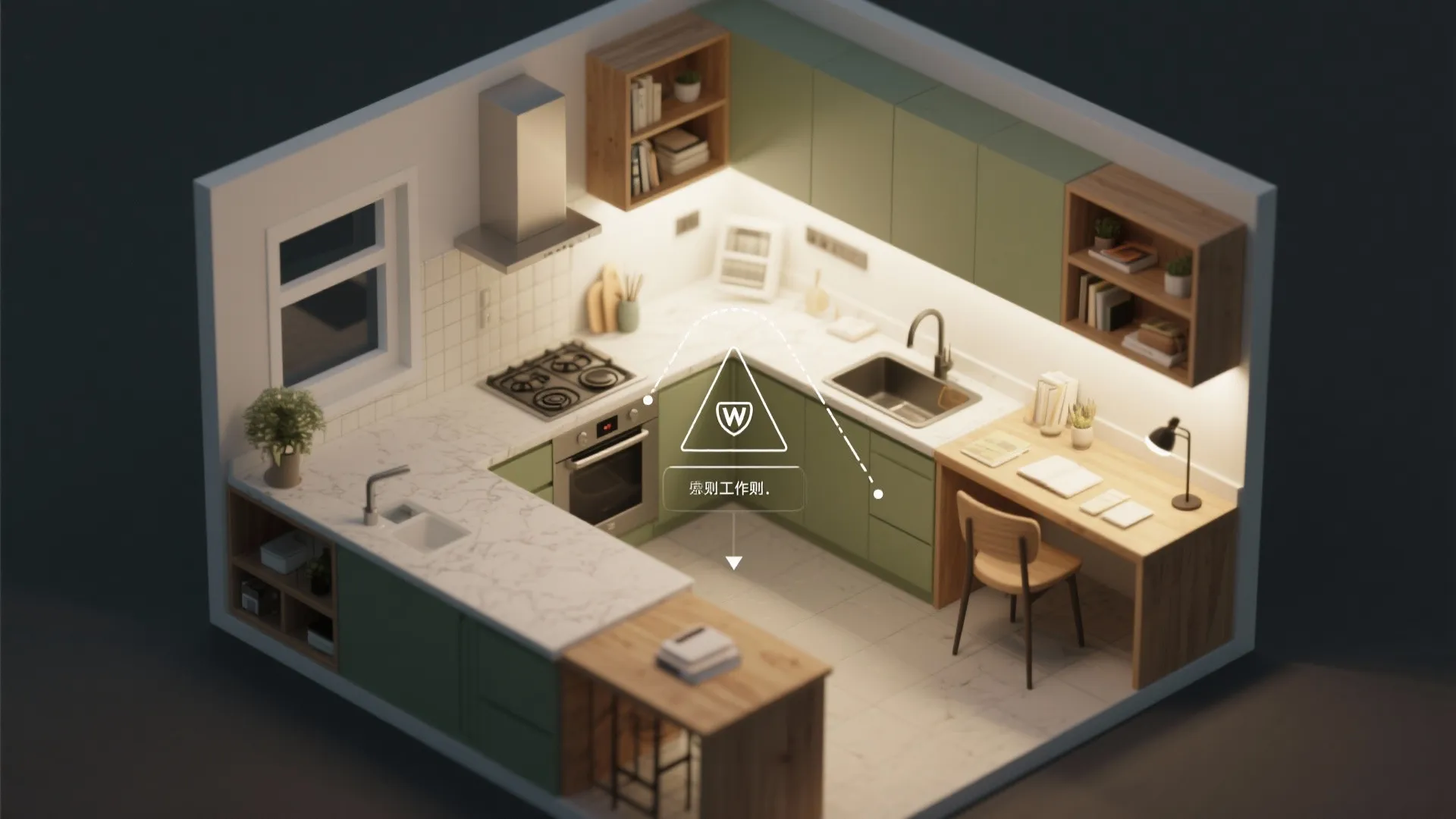 Isometric kitchen layout with green cabinets wood desk sink stove oven and work triangle diagram