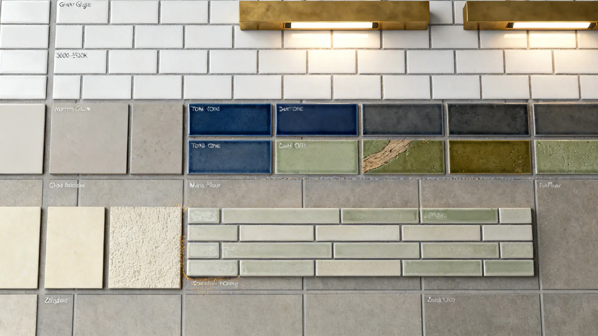 Top-down grid of tile and material swatches illustrating grout, finish, and layout tips for small kitchens.