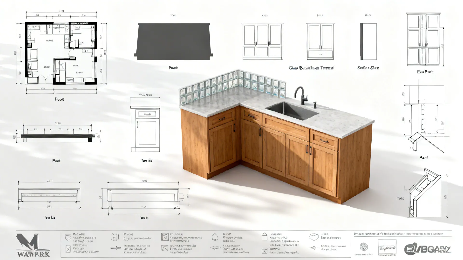 Top-down organized visual with plan, elevation, section, and detail elements answering common kitchen cabinet questions