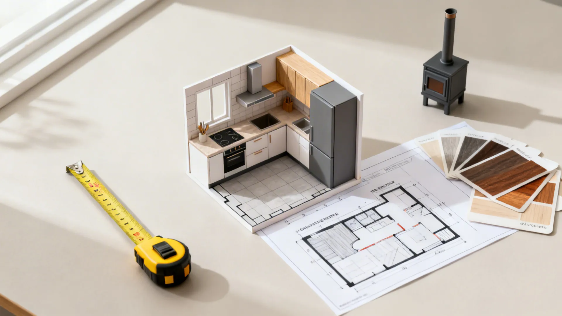 Miniature kitchen model on paper floor plan with yellow measuring tape and wood material samples